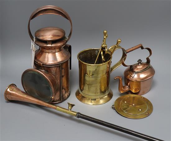 An 18th century brass mug, copper lamp, miniature kettle, shoe-horn and Negretti barometer Mug 15cm high